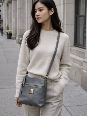 Dooney & Bourke Grey Pebbled Leather Letter Carrier Crossbody Purse